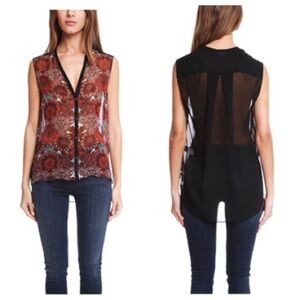 Helmut Lang Sheer Floral Button Up Red Sleeveless Tank Top sz P
